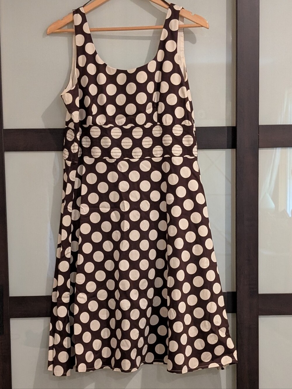 Polka Dot Sleeveless Fit-and-Flare Dress in Brown and Cream